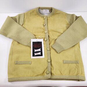 Vintage Wool and Suede Green Cardigan Sweater British Hong Kong Size Medium NWT